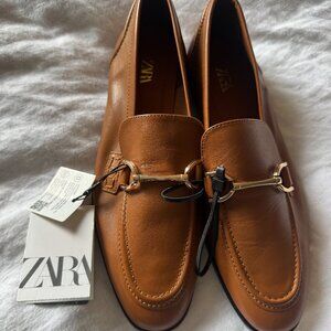 Zara Leather Horsebit Loafers Brown Size 38 NWT
